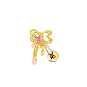 Detail of a bow stud earring featuring a pink heart stone and pink enamel fringe drips
