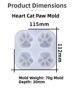 Detail view of heart cat paw silicone mold with 30mm depth and 115mm size specifications