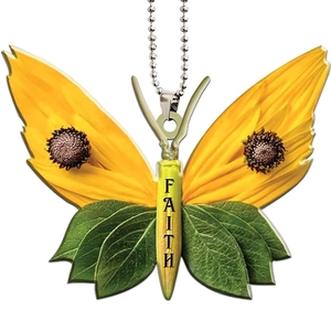 Acrylic butterfly Faith ornament with floral wing design and silver ball chain for decor