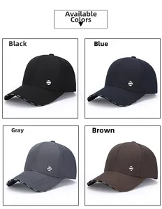 Multiple colors of men's baseball caps in black, navy, grey, and brown with metal logos