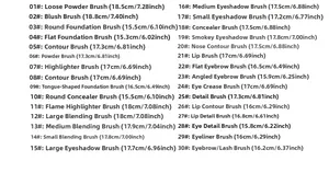 Detailed size chart for 30-piece makeup brush set showing lengths in cm and inches