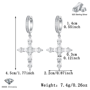 Macro detail of 925 silver cross earrings with AAAAA cubic zirconia and dimensions