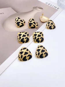 Detailed view of leopard print earring set in heart, square and triangle geometric shapes