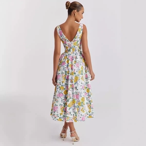 Elegant V-neck floral sleeveless midi dress with backless design and A-line silhouette