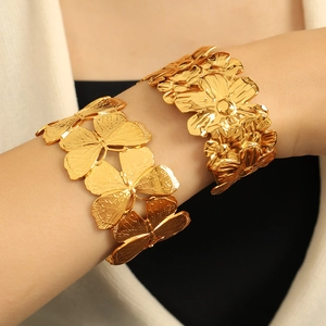 18K gold plated wide open butterfly and floral cuff bracelet set for women