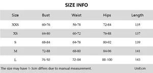 Tableau des tailles détaillé pour robe dos nu avec mesures de buste, taille et hanches