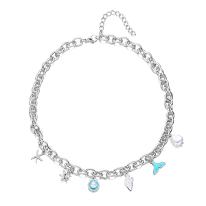 Silver ocean themed necklace with starfish, shell and pearl charms on white background
