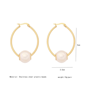 Detail view of gold stainless steel geometric hoop earrings with pearls and dimensions