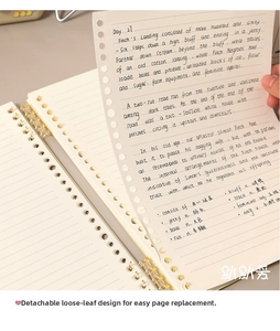 Macro shot showing how to remove lined paper from a flexible transparent binder ring