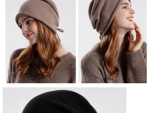 Detailed knit texture of slouchy beanie featuring adjustable side drawstring design
