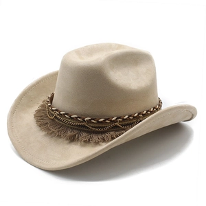 Detail of beige suede cowboy hat featuring ethnic style braided cord and brown tassels