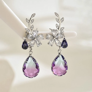Floral silver drop earrings featuring pear-cut purple and green gradient zircon stones