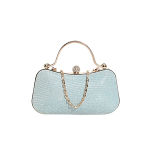 Light blue sequined evening clutch bag with gold frame and rhinestone spherical clasp