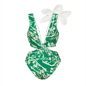 Detail of deep V-neck one-piece swimsuit with floral print and waist side cut-outs