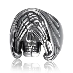 Gothic 3D skull ring in vintage silver finish with skeleton hands covering eyes