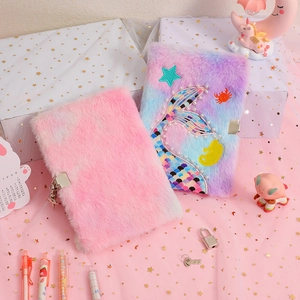 Plush mermaid tail notebook with lock and key for girls, pink and rainbow fur journal