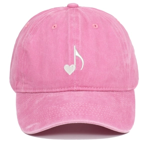 Fuchsia washed cotton baseball cap with white heart music note embroidery on white background