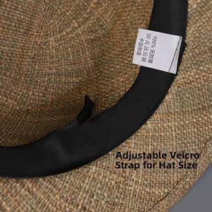 Detail of adjustable velcro strap and 100% natural straw texture on inner hat rim