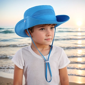 Close-up of kids blue sun hat featuring breathable mesh panels and adjustable chin strap