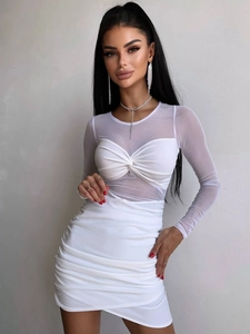 Detail of white mesh sleeve stitching and gathered twist knot bust on slim bodycon dress