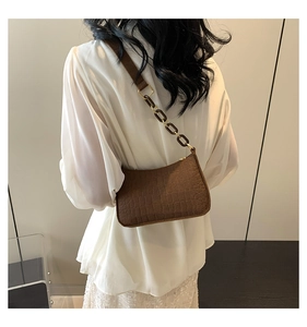 Detail of crocodile pattern faux leather underarm bag with stylish plastic chain strap