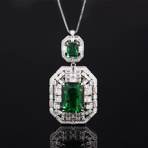 Luxury emerald-cut green crystal pendant necklace with white zircon pavé setting