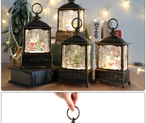 Close-up of vintage bronze Christmas lantern with Santa scene and metallic handle