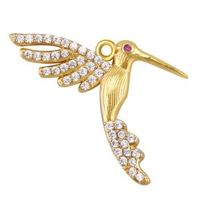 Detailed close-up of gold-plated hummingbird pendant with sparkling crystals and pink gems