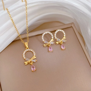 Necklace Earrings Jewelry Set Titanium Steel Copper Zircon Circle Bowtie Pink Waterdrop Gemstone Silver Earring Post