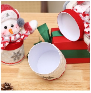 Close-up of white plush Christmas gift box with a 3D snowman lid on a wooden table