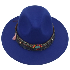 Detailed view of bohemian royal blue wool fedora with multi-color beads and fringe trim