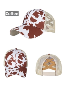 Detail of coffee cow print ponytail baseball cap with breathable mesh and elastic bands