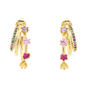 Macro view of C-shaped multilayer earrings with rainbow crystals and multi-color gemstones