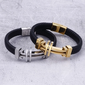 Double-layered braided leather bracelets with stainless steel cross magnetic buckles