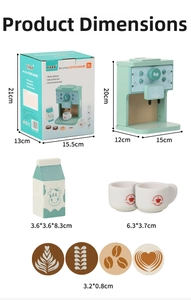 Detailed size chart for mint green wooden coffee machine toy set with precise measurements