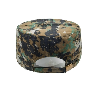 Rear view of a digital camouflage flat top military patrol cap with adjustable metal buckle
