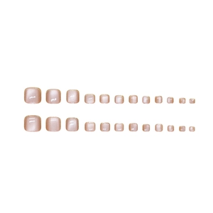 French cat-eye press-on toenails with nude pink base and gold glitter edges, 24 pieces