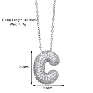 Detailed size view of silver letter C pendant with zircon stones and 45cm link chain
