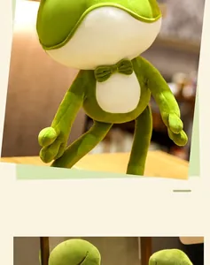 Close-up detail of a cute green frog plush toy with a charming green bow tie detail
