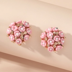 Floral Cluster Stud Earrings And Adjustable Ring Alloy Ceramic Rhinestone Sweet Pastoral Jewelry For Women