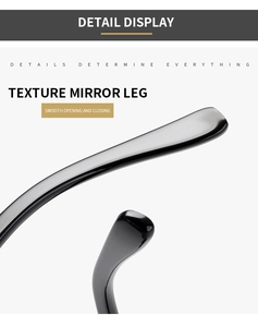 Detail view of glossy black glasses temples with smooth opening and closing mechanism