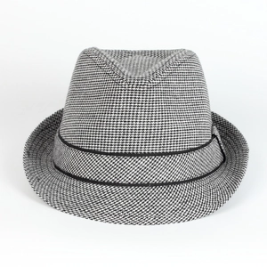 Classic black and white houndstooth fedora hat with elegant black ribbon band and trilby brim