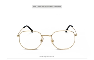 Vista frontal de las gafas doradas C8 de metal irregular con lentes claras y puntas negras