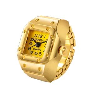 Golden vintage square ring watch with rivet accents and flexible elastic band