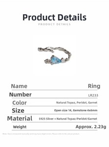 Macro shot of S925 sterling silver ring with drop-shaped blue natural topaz stone detail