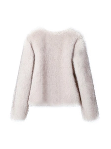 Faux fur short jacket in cream white featuring a round neck and long sleeves on white backdrop
