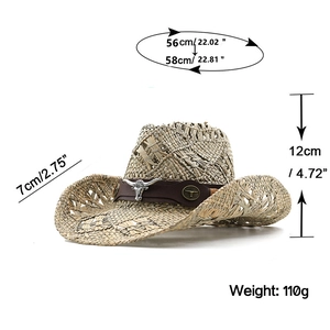 Handmade straw cowboy hat with leather band and metal bull head ornament in beige