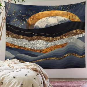 Modern abstract mountain tapestry with sun and moon phases in minimalist bedroom decor