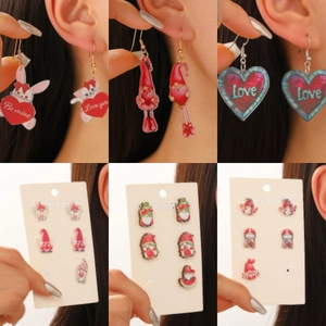Valentine Day Acrylic Wood Heart Gnome Teddy Bear Drop Stud Earrings Set For Women Cute Pink Red Printed Holiday Jewelry Gift