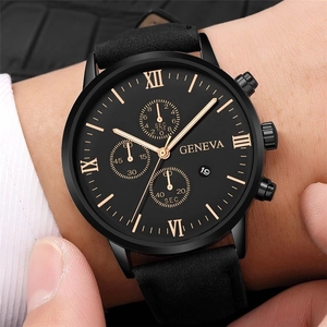 Men's business quartz watch with black leather strap and gold Roman numeral dial